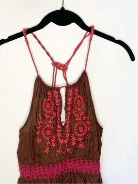 Free People NWOT Brown Floral Embroidered Peplum Key Hole Front Tank Top